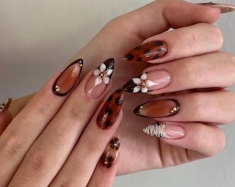 Medium Almond Brown French Press On Nails | White Floral Accent | Autumn Inspired Nail Art | Elegant Handmade Nail Set for Fall Vibes