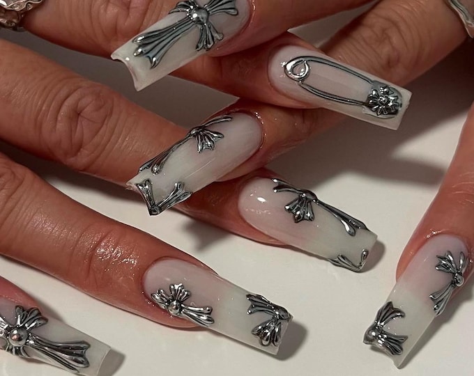 Y2K Press On Nails: 3D Cross Nails, Metallic Armor Long Square Nail Set