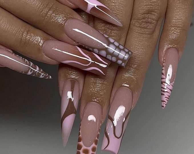 Pink Brown Animal Print Press On Nails Long Square Nails, Handmade Snake Croc Swirl Fake Nails, Y2K Baddie Abstract Nails for Birthday Party