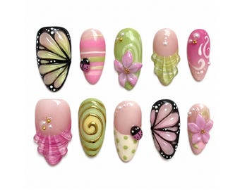 Fairy core Summer Nails/ 3D Gel  Floral Nails/Birthday Medium Almond Nails/ Pink green nails/ Butterfly Summer Elegant Nails/ Kawaii nail