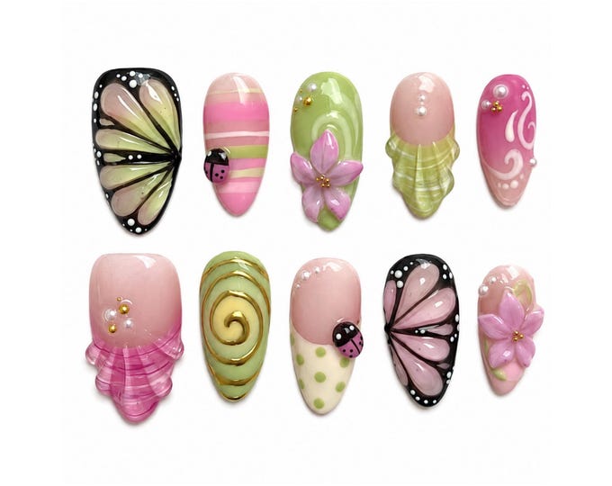 Fairy core Summer Nails/ 3D Gel  Floral Nails/Birthday Medium Almond Nails/ Pink green nails/ Butterfly Summer Elegant Nails/ Kawaii nail