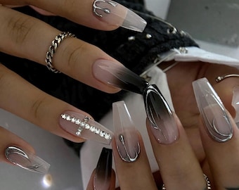 Black Ombre Press On Nails: Kawaii Chrome Cross, Long Almond, Reusable
