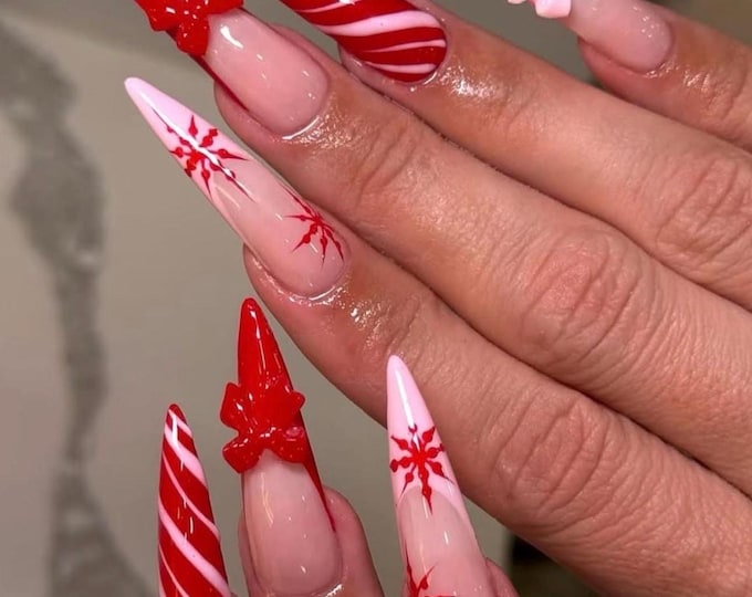 Candy Cane Christmas Press On Nails – 3D Bow, Snowflake Stiletto Tips