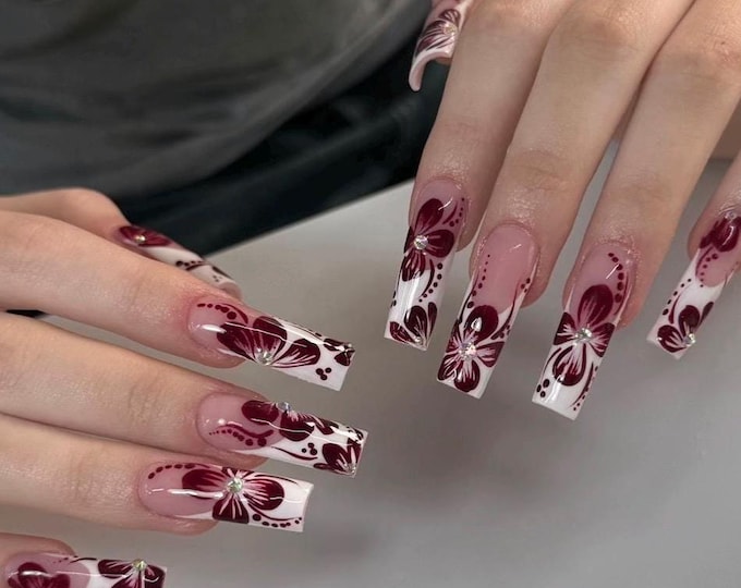 Burgundy Floral French Nails: Long Square Press Ons, Handmade Nail Art