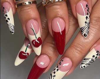 Red French Cherry Leopard Press On Nails: Almond Summer Nail Art