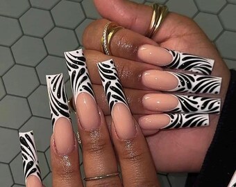 Zebra French Tip Nails, Square Reusable Fake Nails, Statement Animal Print
