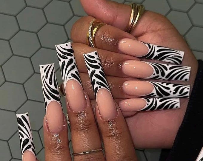 Zebra French Tip Nails, Square Reusable Fake Nails, Statement Animal Print