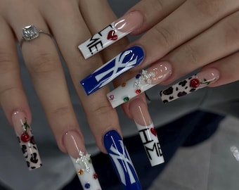 Y2K Press On Nails: Leopard Cherry Nail Art, Rhinestone Cross Design Nails, French Tip, Handmade Long Square Nails