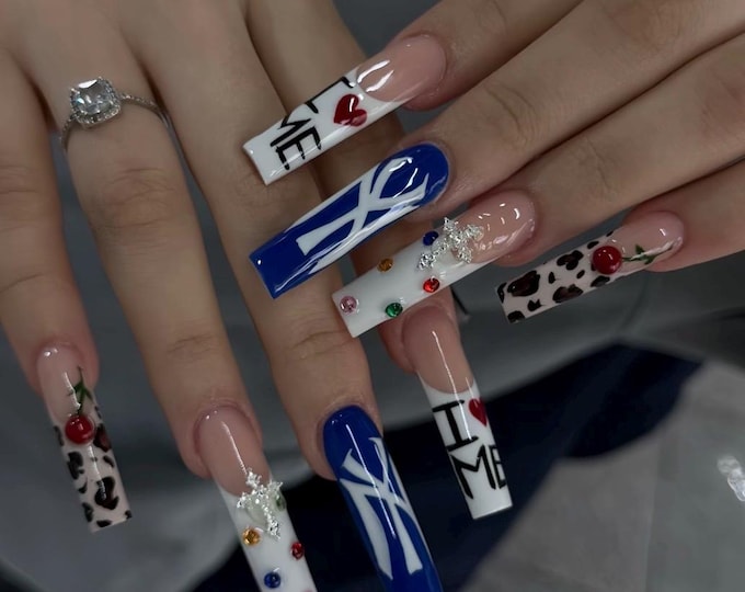 Y2K Leopard Cherry Press On Nails: Rhinestone Cross, French Tip, Long Square