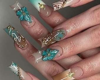 Turquoise Gold Marble Nails | 3D Floral Long Square Press On Nails | Elegant Ocean-Inspired French Tips | Handmade Luxury False Nails