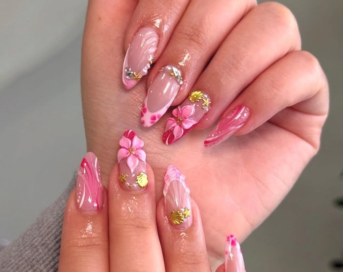 3D Pink Flower Press On Nails, Long Almond Mermaid Handmade Nails, Summer Beach Vacation Acrylic Nails, Gold Seashell Textured Fake Nails