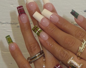 Holiday Plaid French Tip Press On Nails | Green & Red Checkered Nails | Christmas Square Nails | Cozy Winter Handmade Nail Set