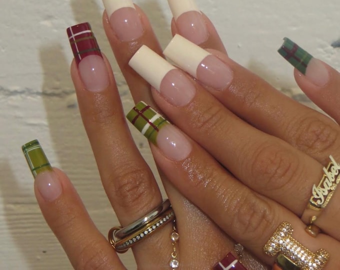 Holiday Plaid French Tip Press On Nails | Christmas Square Nail Set