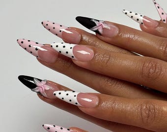 3D Flower Press On Nails: White & Black Polka Dot Almond Nail Set