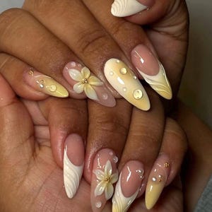 Ombre Press On Nails: Cream & Yellow, 3D Floral, Long Almond