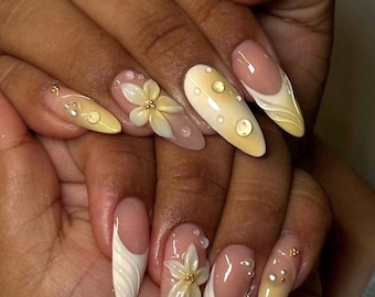 Ombre Press On Nails: Cream & Yellow, 3D Floral, Long Almond