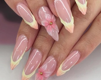 Handmade Pink French Tip Press On Nails: Yellow Floral 3D Gel Almond Nails