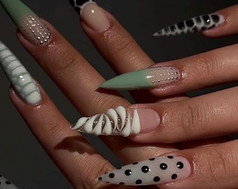 Long Stiletto Press On Nails – Green & Black Abstract Design, Polka Dots, 3D Art, Modern Statement Nails, Handmade Press on Nails