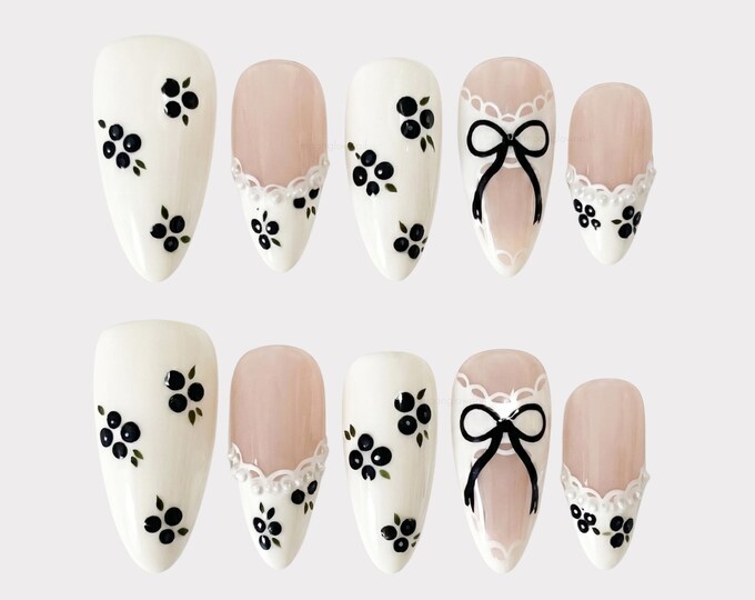 Blackberry Coquette Press On Nails | Black Berry Lace Bow Pearl French Tip Fake Nails