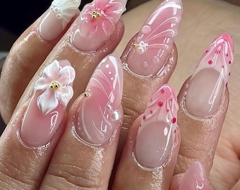 Summer Pink Medium Almond Press On Nails with 3D Floral Art, White French Acrylic Look, Handmade Reusable Nails for Vacation, Party Birthday