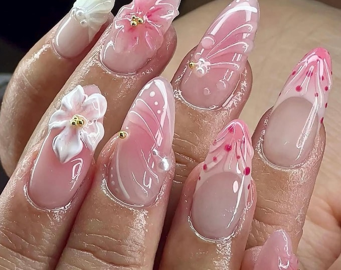 Pink Almond Press On Nails: 3D Floral French Tip, Handmade Reusable Acrylic