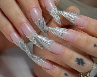Long Sculpted Silver Chrome Press On Nails | 3D Metallic Leaf Design on Nude Base | Futuristic Winter Nail Set | Luxury Handmade Nails