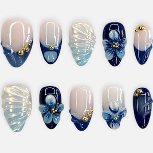 Navy Blue 3D Flower Press On Nails | Elegant Summer Shell Design | Gold Bead Embellished Almond Nails | Ocean Wedding Nails | Gift for You