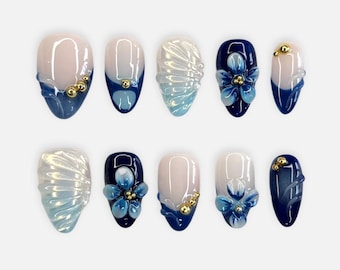 3D Flower Press On Nails: Navy Blue Almond, Gold Bead Shell Design