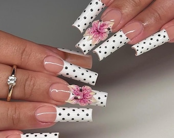 Long Square Press On Nails, White Polka Dot French with Pink 3D Flowers, Retro Glam Nails, Elegant Handmade Nail Set