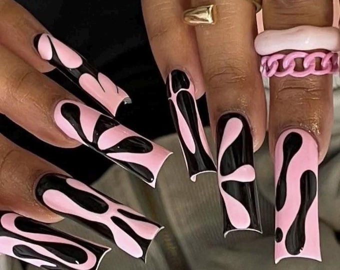 Pink Black Abstract Melt Long Square Press On Nails, Statement Fake Nails