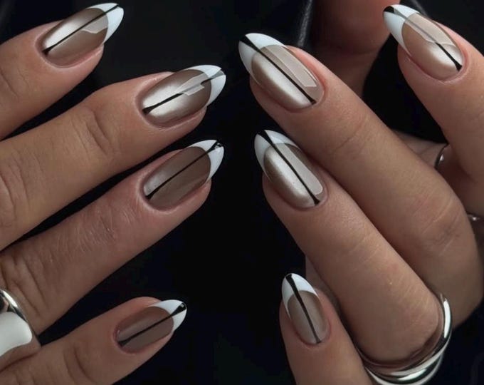 Nude Cat Eye Modern French Press On Nails Medium Almond Nails/White Tip Nails/Minimalist Nails/Editorial Nails/Handmade Nails/Gift for Nail