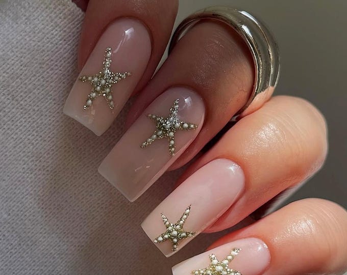 Elegant Nude Starfish Press On Nails – Handmade Beach Wedding Nail Art