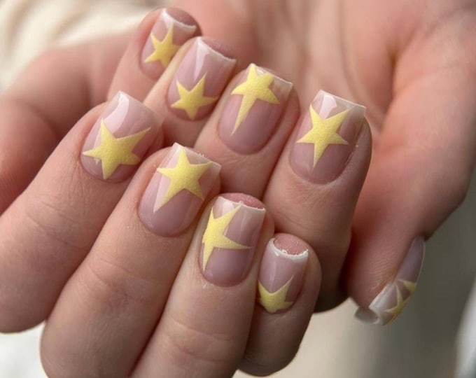 Yellow Star Press On Nails Short Square Nails/Velvet Star Nails/Y2K Nails/Jelly Nude Nails/Trendy Summer Nails/Handmade Nails/Emo Nails