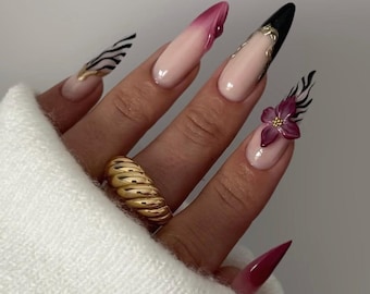 Burgundy Ombre Stiletto Press On Nails | Black French Zebra Accent | 3D Flower Luxury Set | Bold Glam Handmade, Long Almond Nails