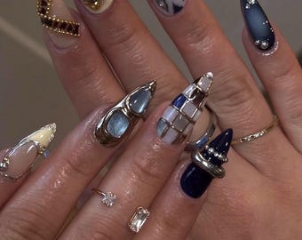 Luxury Metallic Press On Nails | Silver Chrome & Navy Blue Designer Nails, Y2K Statement Nails, Handmade Press Ons, Stiletto Nails