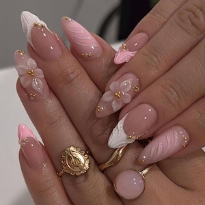 3D Flower Press On Nails: White Almond Nails, Gold Rhinestones Handmade Nail Art for Wedding Birthday image 1