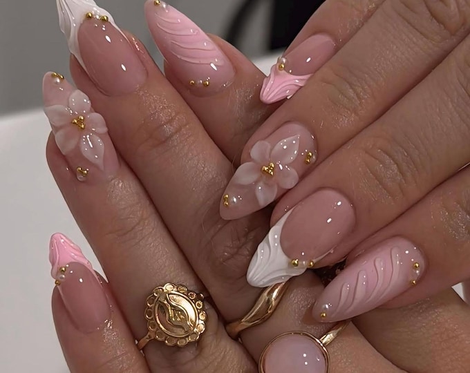3D Flower Press On Nails: White Almond Nails, Gold Rhinestones Handmade Nail Art for Wedding Birthday