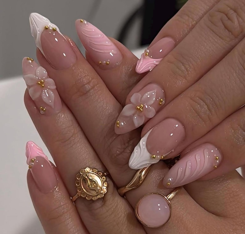 3D Flower Press On Nails: White Almond Nails, Gold Rhinestones Handmade Nail Art for Wedding Birthday image 1