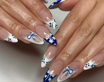 Plaid Ribbon Press On Nails: Almond French Tip Nail Art