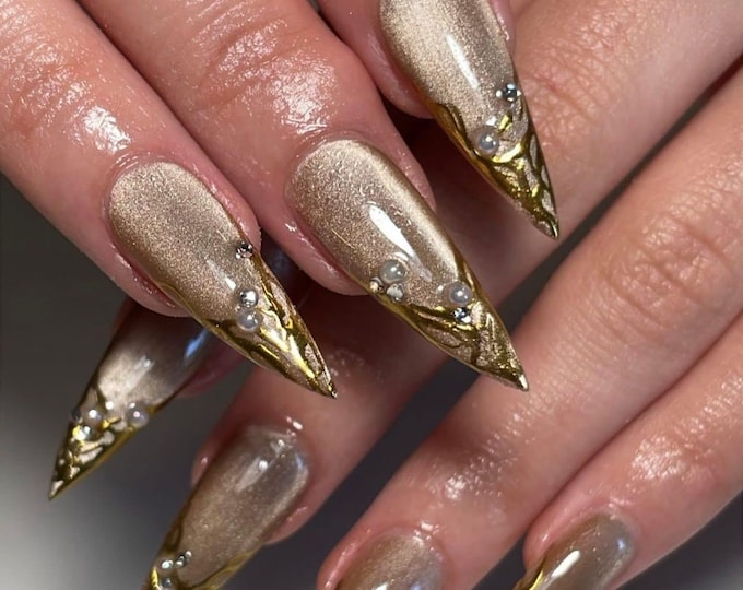 Luxury Neutral Brown & Nude Press On Nails, Gold Chrome Nails, Almond Stiletto Nails, Handmade Reusable Gel Nails
