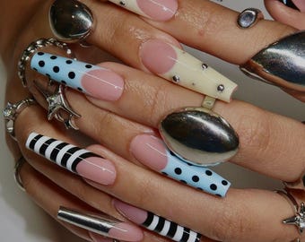 Yellow French Tip Press On Nails: Blue Boho Mediterranean Summer