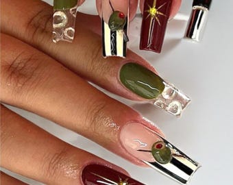 Martini Olive Press On Nails: Long Square 3D Charm Nail Art