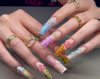 Y2K French Tip Press On Nails: 3D Flowers, Zebra Print, Summer Colors