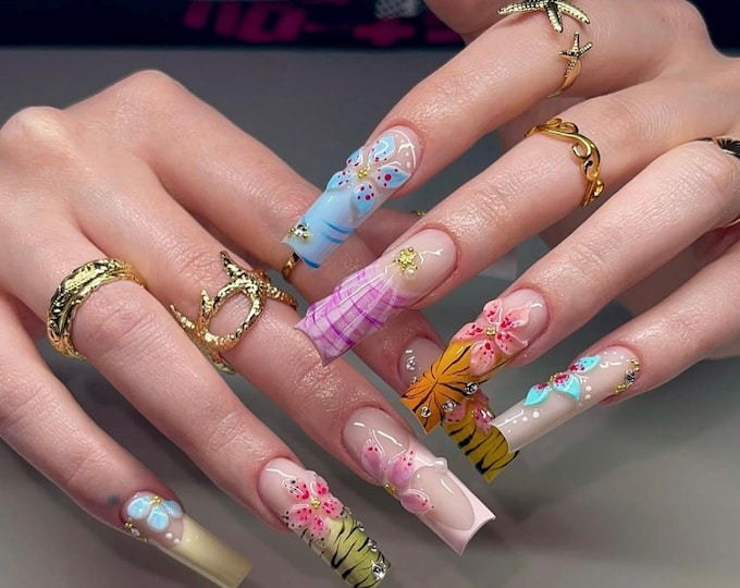 Y2K French Tip Press On Nails: 3D Flowers, Zebra Print, Summer Colors