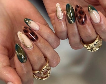 Forest Green & Tortoiseshell Press On Nails | Gold Abstract Luxury Nails | Autumn Old Money Almond Set | Handmade Statement