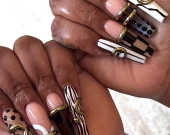 Luxury Abstract Zebra Press On Nails | Gold 3D Accent Long Square Nail Set | Black White Geometric Design | Artistic Handmade Nails