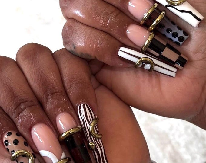 Luxury Zebra Press On Nails | Gold 3D Accent, Geometric Long Square Nail Set