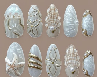 3D Starfish Press On Nails: Summer Shell Nail Art, Custom Design
