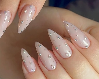 Medium Almond Nude Press On Nails | Gold Rhinestone & Bead Details | Elegant Bridal Nail Set | Wedding, Engagement Luxury Nail Art