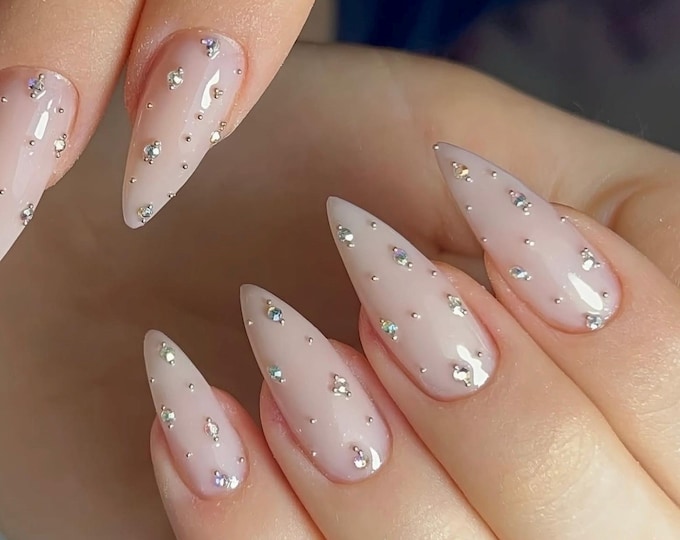 Nude Almond Press On Nails | Rhinestone Nail Art